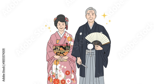 Senior Japanese couple dressed in formal traditional kimono and hakama standing together with bright gold sparkles around.