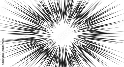 Black and white radial speed lines creating sense of fast motion and dramatic explosion from center of image for background.