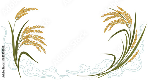 Golden ripe rice ears growing in field with traditional Japanese cloud patterns at bottom on white background as frame.