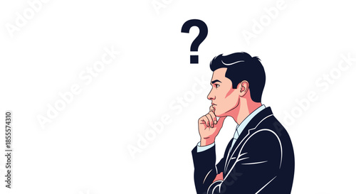 Profile view of businessman in suit looking up at large black question mark symbolizing curiosity or indecision in tasks.