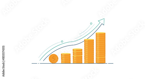 Stacks of gold coins arranged as bar graph with rising green arrow indicating financial growth and investment success today.