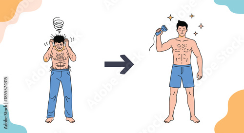 Before and after illustration of a man removing body hair with a trimmer to achieve smooth skin and more confidence.