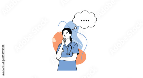 Female medical professional in blue scrubs looking up and thinking with empty thought bubble and colorful background shapes.