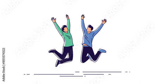 Two joyful men jumping in the air with arms raised celebrating success and happiness against a plain white background.