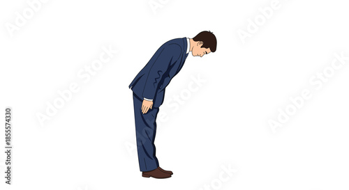 Formal businessman in a blue suit performing a deep respectful bow against a clean white background for professional use.
