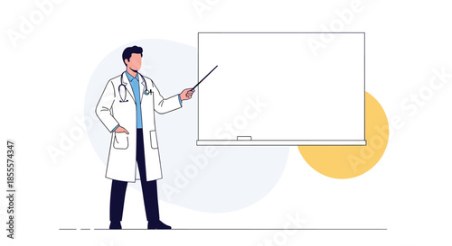 Professional doctor in a lab coat using a pointer to present information on a blank whiteboard with abstract background.
