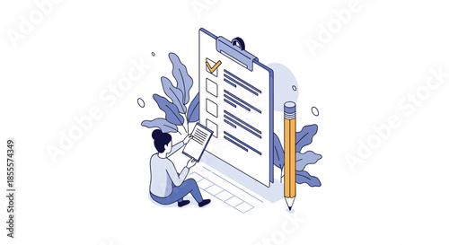 Woman sitting on the floor with a large checklist and pencil checking off tasks for organization and project management.