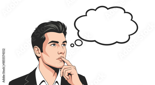 Pensive businessman in a suit with a blank thought bubble considering ideas or solutions in a comic book art style.