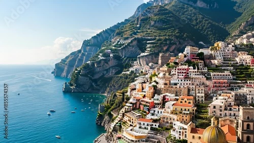 A sunny view of Manarola village in Cinque Terre Italy with colorful houses along the Mediterranean coast above the sea
