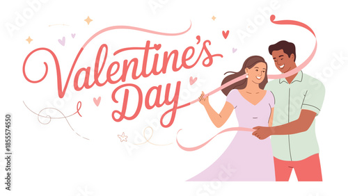 Romantic Day of Love: A radiant couple embraces the spirit of Valentine's Day, adorned with intertwined ribbons and a backdrop of playful hearts.