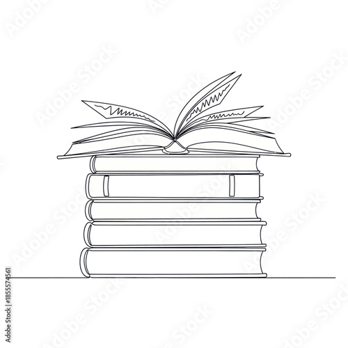 Continuous Line Drawing of Stacked Books with Open Book on Top.