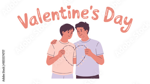 Two Men Celebrating Valentine's Day: Capturing a heartwarming scene of two men, embracing each other, as they celebrate the day of love, with an illustrative heart.