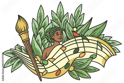 Vibrant illustration of a person surrounded by green leaves, musical notes, and a paintbrush