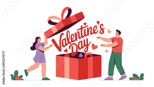 Valentine's Day Gift of Affection: A romantic scene unfolds as a couple opens a Valentine's Day gift box overflowing with love, symbolized by floating hearts, celebrating affection. 