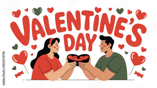 A Romantic Exchange: A loving couple, surrounded by Valentine's Day imagery, share a heartfelt moment, capturing the essence of affection and commitment.