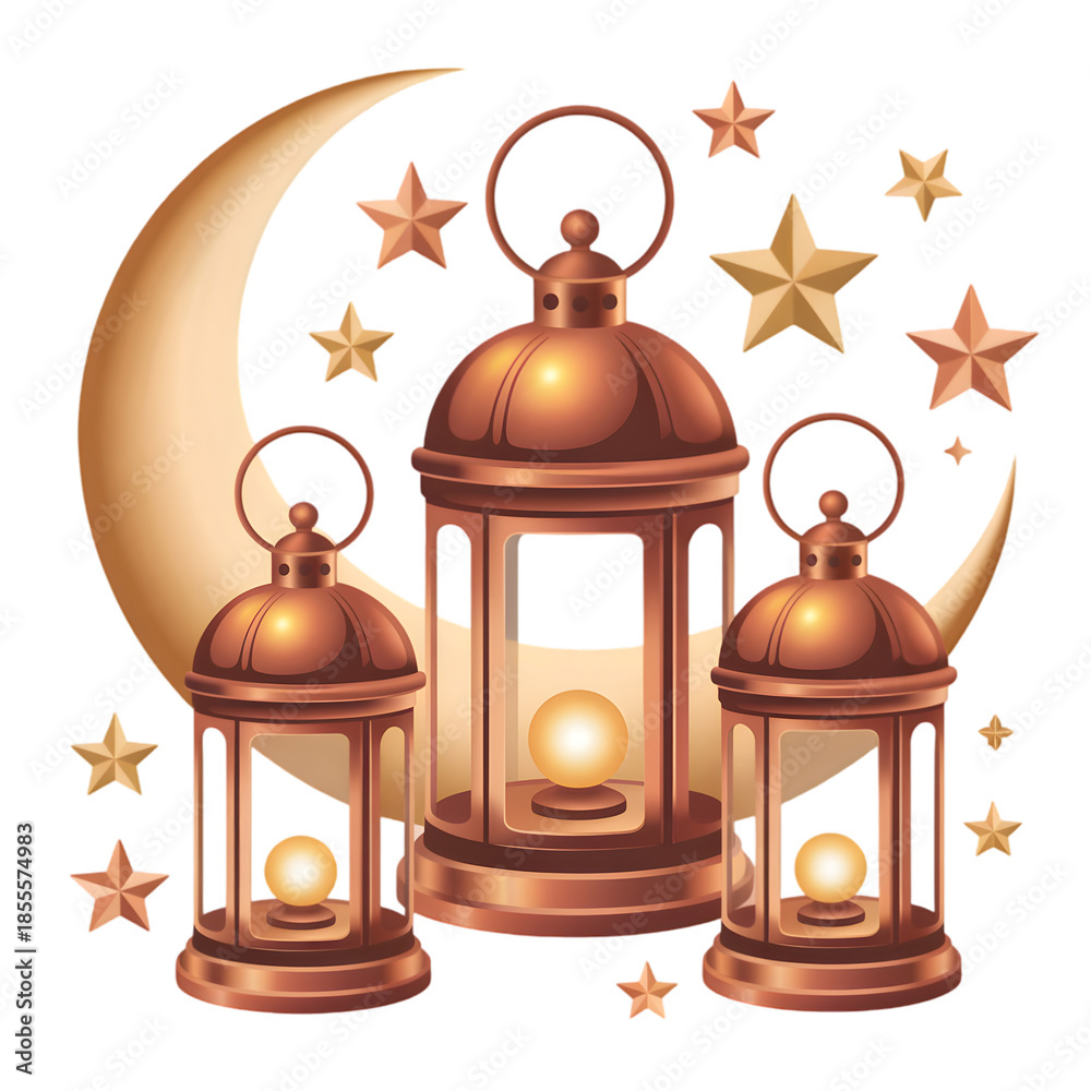 Obraz premium Three lanterns isolated on transparent background with crescent moon and stars