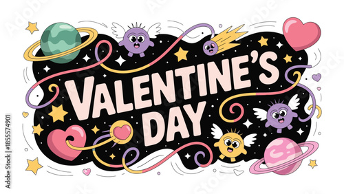 Valentine's Day Cosmic Celebration: A whimsical graphic illustrating a Valentine's Day greeting with playful celestial elements such as planets, stars.