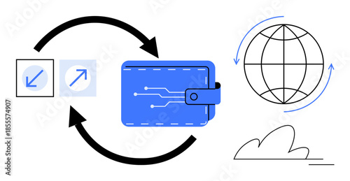 Digital transactions, global connectivity, e-commerce, fintech innovation, online payments, technology concepts. A digital wallet with arrows and a globe. Digital transactions and global connectivity