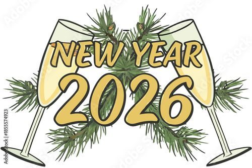 New year 2026 celebration with champagne glasses and pine branches