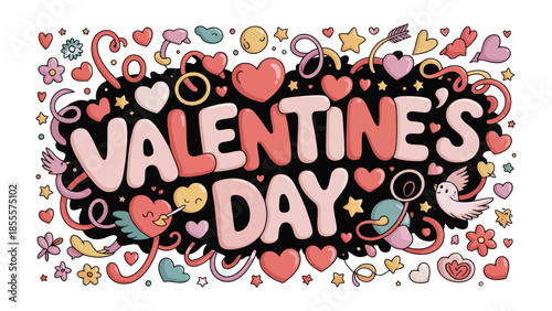 Valentine's Day Illustration: A vibrant and colorful illustration captures the essence of love and celebration with heart symbols and the phrase Valentine's Day