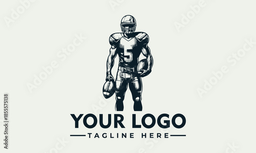 A vector illustration of an American football player holding a ball with a placeholder logo and tagline on a plain background, conveying a sporty mood.