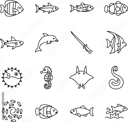 Sea Fish Line Icons Vector Set