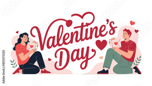 Valentine's Day Illustration of Lovers: A heartwarming illustration depicts a couple engrossed in writing Valentine's Day cards, surrounded by floating hearts and a sense of blossoming romance. 