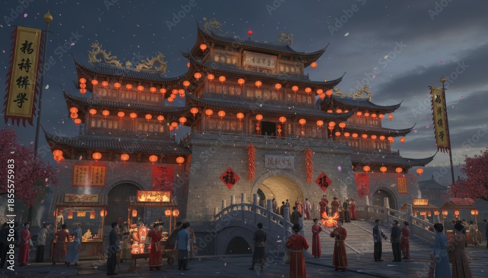 Fototapeta premium Chinese New Year 3D Ancient Chinese City Gate with Red Lanterns and Gold Sign