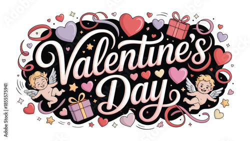 Valentine's Day illustration: An artistic expression of love and affection. Hearts, angels, gifts, and a joyful script dance together, symbolizing romance and togetherness. 