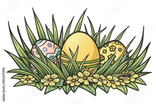 Three colorful easter eggs hidden in grass with yellow flowers, springtime decoration