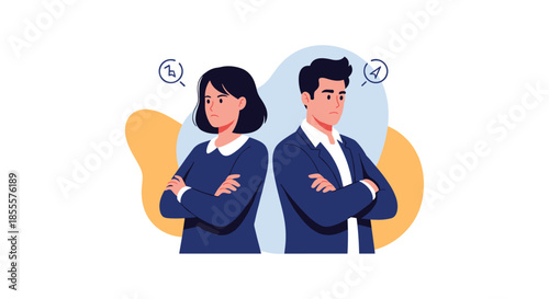An illustration of a man and woman with crossed arms and frustrated expressions, symbolizing a breakdown in communication or a disagreement.