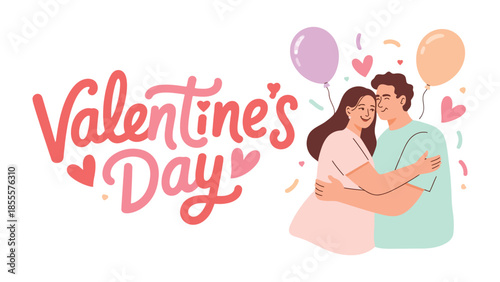 Valentine's Day Couple in Love: A loving couple embraces on a romantic Valentine's Day, amidst a scene of hearts and balloons, celebrating their affection and bond. 