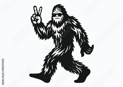 Yeti walks confidently and shows his fingers in shape of letter V