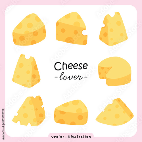 Set of Yellow Cheese Slices and Blocks, Flat Vector Food Icons, Kawaii Cartoon Cheese Collection for Food Lovers and Menu Design