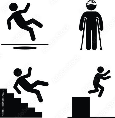 A collection of safety warning signs illustrating different types of accidents and injuries