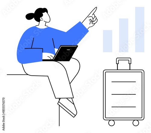 Business travel concept. Business traveler using laptop and pointing toward growth symbols progress. Business travel supports productivity and economic growth. For corporate work, global mobility