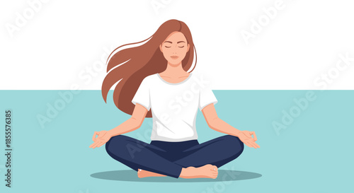 A young woman with long brown hair sits in a meditative cross-legged pose, practicing mindfulness and seeking inner peace.