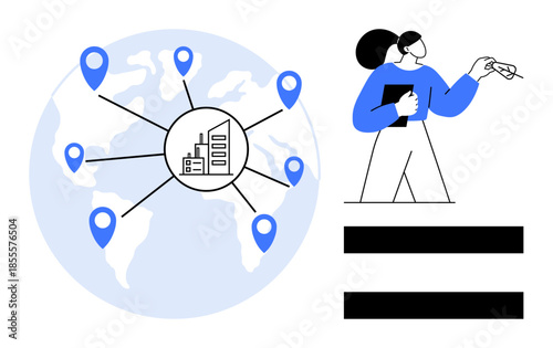 Woman holding clipboard alongside world map with location pins and factory icon. Ideal for business expansion, logistics, global reach, remote teams, data flow, supply chain, simple flat metaphor