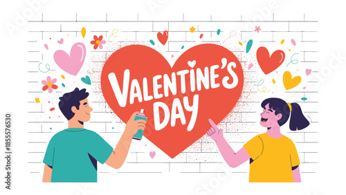 Valentine's Day Love: Illustration of couple celebrating love on valentine's day, writing the valentine's day slogan on the wall with the beautiful red heart shape