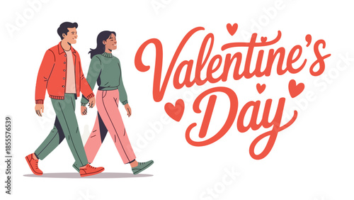 Valentine's Day Stroll: A couple strolls hand-in-hand, embodying the spirit of Valentine's Day. The scene radiates warmth and togetherness.