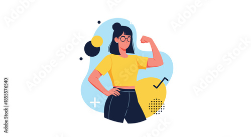 An illustration of a confident and strong woman flexing her bicep, symbolizing empowerment, determination, and self-belief.