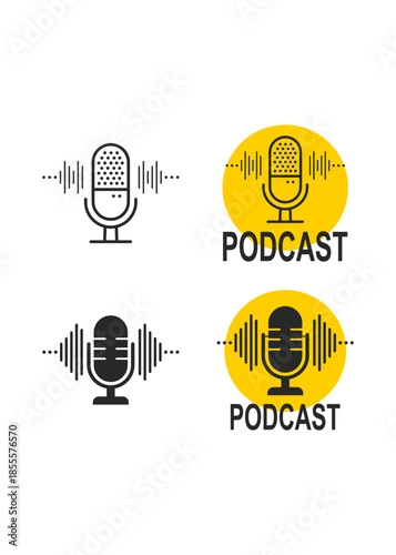 A modern microphone icon featuring vertical soundwaves and a bold yellow circular backdrop. It uses clean black lines to represent a professional digital broadcast.