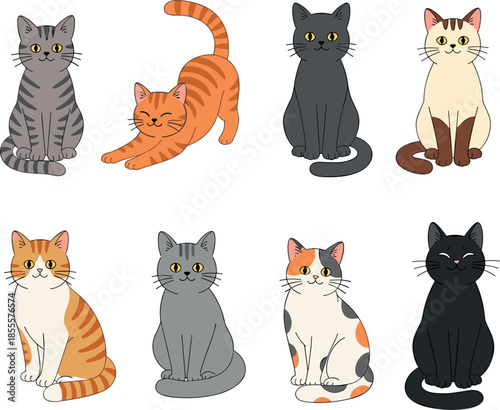 Collection of cute cartoon cat characters featuring various breeds and colors like tabby ginger black grey and calico sitting and stretching isolated on white background.