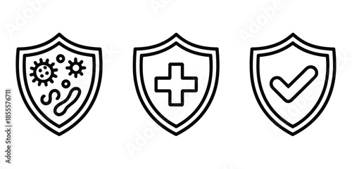 Modern line icons set featuring health protection, immunity, medical safety, antivirus security, and quality assurance shield concepts for digital healthcare platforms
