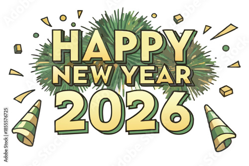 Happy new year 2026 celebration with yellow text and green fireworks on white background