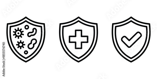 Modern line icons set of health protection, immunity, medical safety, antivirus, and quality assurance shields concepts for healthcare apps, web design