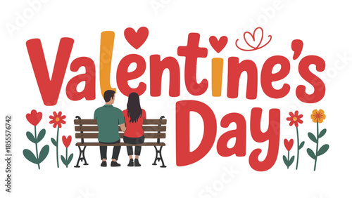 Valentine's Day Illustration: A charming Valentine's Day illustration, featuring a couple seated on a bench amidst floral decorations and hearts, celebrating love and affection.