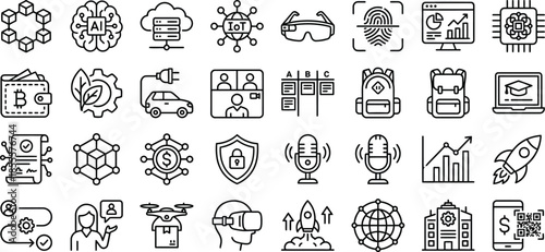 Collection of modern technology and digital business concept outline icons representing artificial intelligence blockchain virtual reality cryptocurrency and futuristic innovation themes