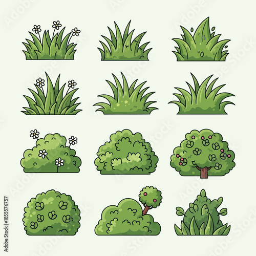 Cartoon Grass and Bush Collection for Game Design Assets.