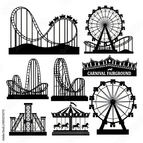Carnival Fairground Rides Silhouettes Roller Coasters Ferris Wheels and MerryGoRound.